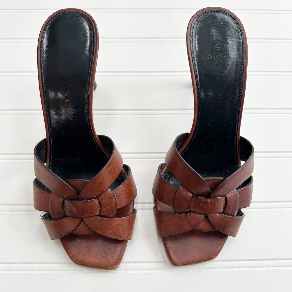 Saint Laurent Tribute Brown Leather Mule Sandals Slide Heels Size 36 EU Luxury